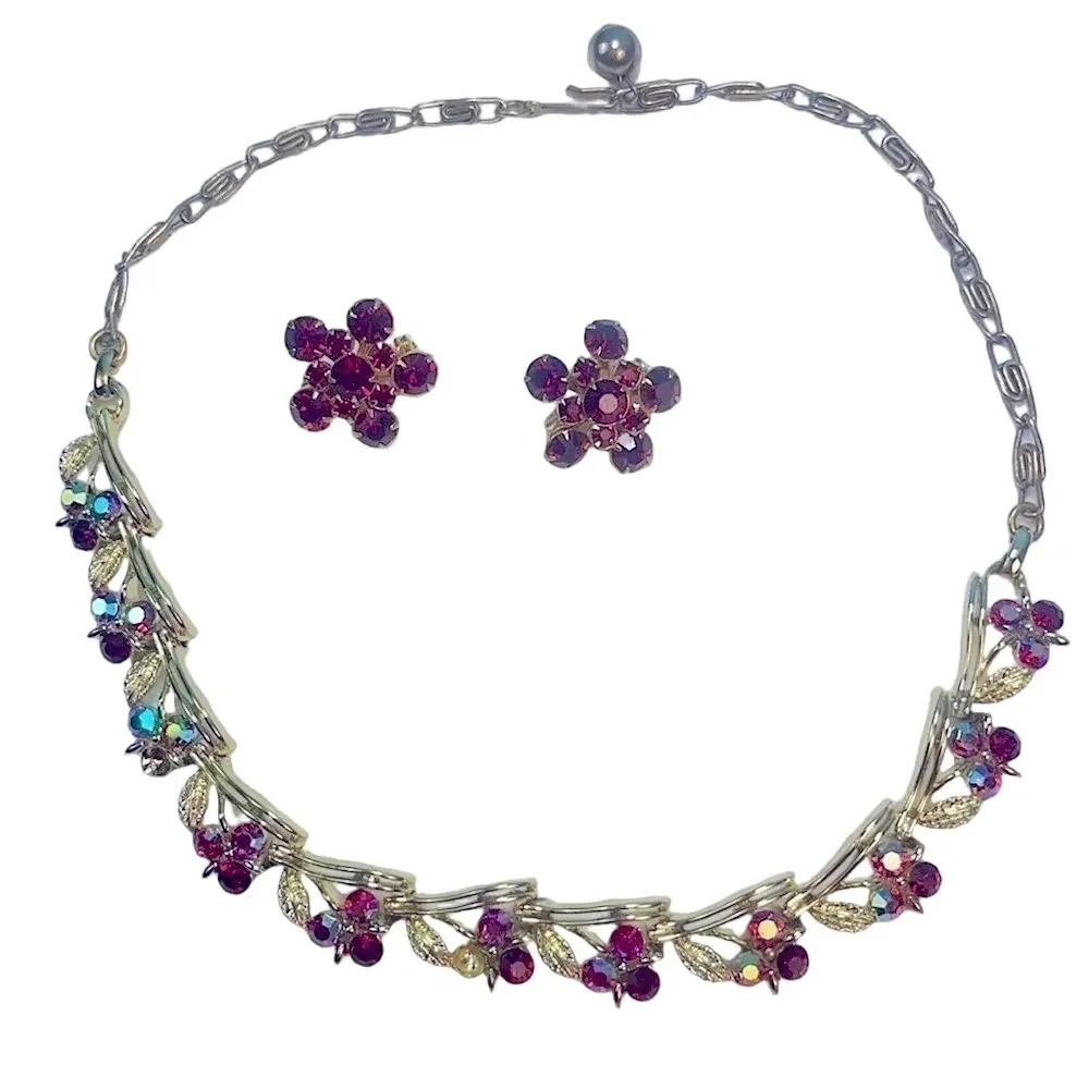 Vintage LISNER Swarovski Ruby Red Crystal Demi Parure Necklace Bracelet Brooch